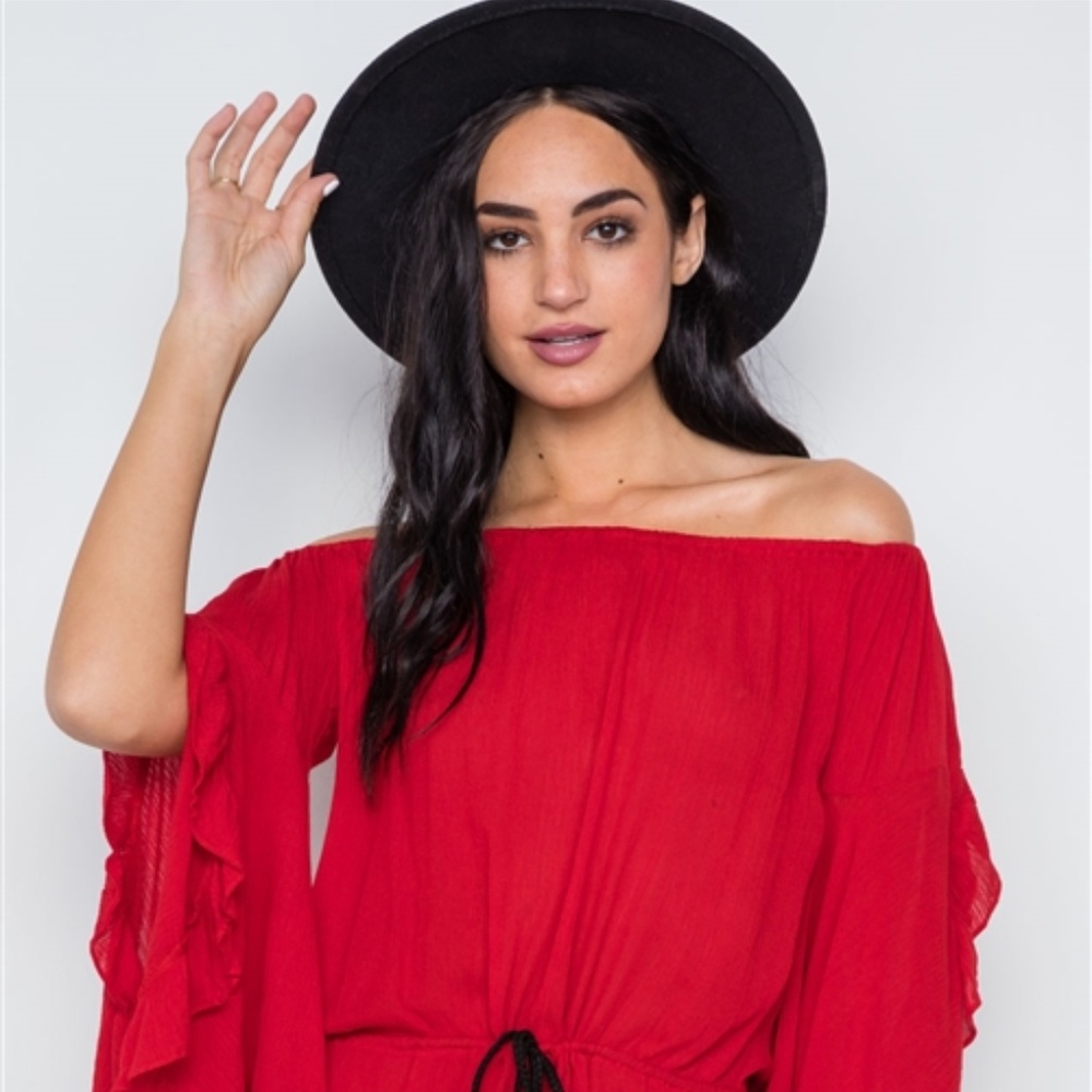 RED OFF-THE-SHOULDER RUFFLE SLEEVES ROMPER - Picture 5 of 5